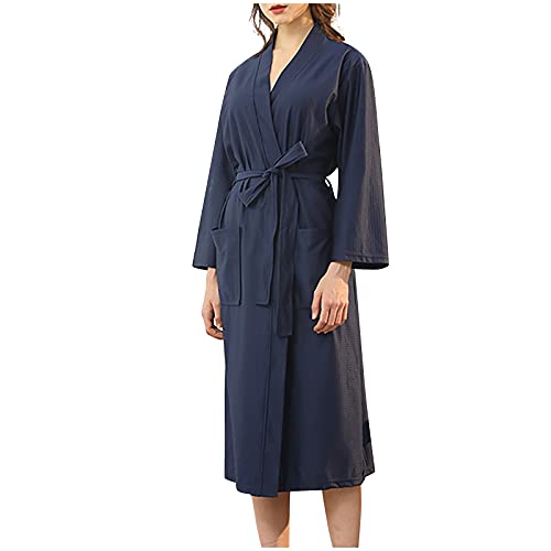 Unisex Lang Waffel Bademantel atmungsaktiv knielanger Nachtwäsche SPA Robe mit Tasche Leicht Sanft Nachthemden für Damen und Herren in verschiedenen Größen und Farben (01-Marineblau, M) von PANGF