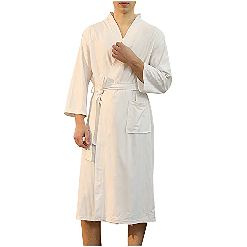 Unisex Lang Waffel Bademantel atmungsaktiv knielanger Nachtwäsche SPA Robe mit Tasche Leicht Sanft Nachthemden für Damen und Herren in verschiedenen Größen und Farben (04-Weiß, M) von PANGF