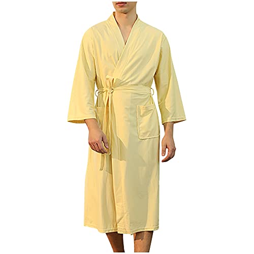 Unisex Lang Waffel Bademantel atmungsaktiv knielanger Nachtwäsche SPA Robe mit Tasche Leicht Sanft Nachthemden für Damen und Herren in verschiedenen Größen und Farben (05-Gelb, XL) von PANGF
