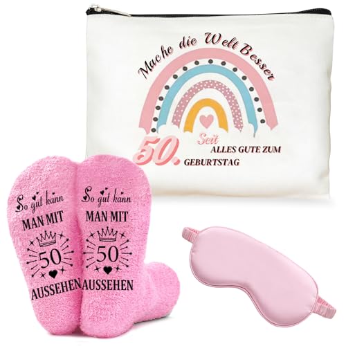PANMAY 50 Geschenke zum Mädchen Kosmetiktasche 50 Geburtstag Lustige Socken Damen Süße Augenmaske für Damen Geburtstag 50 Frau Mama Oma Ehefrau Kollegin Jahrgang 1985 von PANMAY