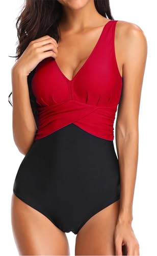 PANOZON Damen Badeanzug mit V-Form Ausschnitt bauchweg Monokini Rückenfrei Cut Out Push-up Bikini Elegant Grace U-Back (Rot, L) von PANOZON