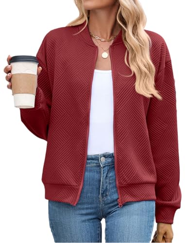 PANOZON Damen Baseball Jacke Reißverschluss Langarm Jacke Casual Bomberjacke Burgunderrot XL von PANOZON