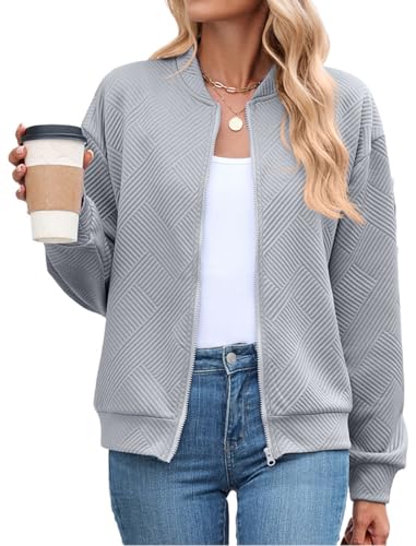 PANOZON Damen Baseball Jacke Reißverschluss Langarm Jacke Casual Bomberjacke Grau 2XL von PANOZON