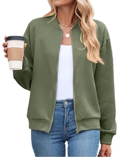PANOZON Damen Baseball Jacke Reißverschluss Langarm Jacke Casual Bomberjacke Grün L von PANOZON