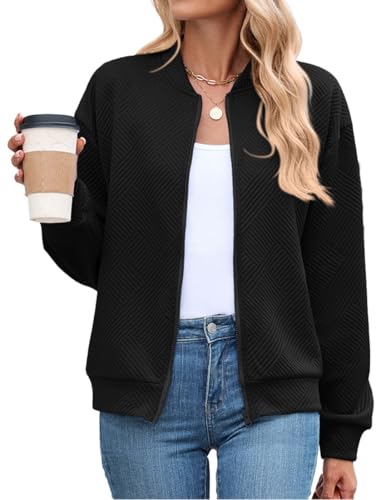 PANOZON Damen Baseball Jacke Reißverschluss Langarm Jacke Casual Bomberjacke Schwarz S von PANOZON