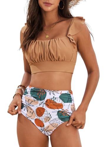 PANOZON Damen Bikini Set Bademode Set bauchweg High Waist Schwimmanzug Zweiteiliger Badeanzug Triangel Bikini Swimsuit Aprikose S von PANOZON
