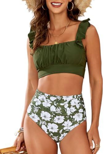 PANOZON Damen Bikini Set Bademode Set bauchweg High Waist Schwimmanzug Zweiteiliger Badeanzug Triangel Bikini Swimsuit Olivgrün 2XL von PANOZON