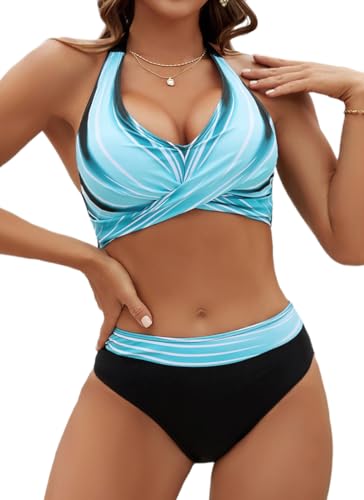 PANOZON Damen Bikini Set Bauchweg V Ausschnitt überkreuztes Blumenmuster Bademode Swimsuit Zweiteiliger Badeanzug Blau 2XL von PANOZON