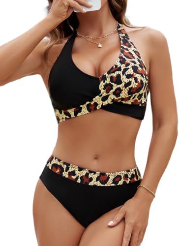 PANOZON Damen Bikini Set Bauchweg V Ausschnitt überkreuztes Blumenmuster Bademode Swimsuit Zweiteiliger Badeanzug Leopardenmuster 2XL von PANOZON