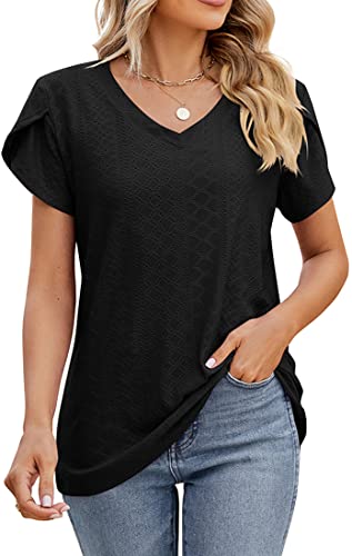 PANOZON Damen Bluse Fashion Tuniken Kurzarm Shirt Casual Oberteile Lose Fit Top V-Ausschnitt Tunika(M,schwarz) von PANOZON