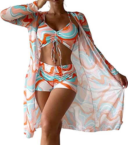 PANOZON Damen Boho 3-teilig Bikini mit Boyshort Bikini Cover up Strandponcho Strandtunika orange L von PANOZON