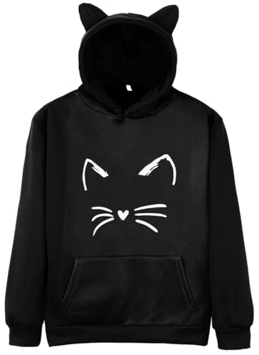 PANOZON Damen Cat Ear Kapuzenpullover Cat Hoodie mit Katzenohren Gothic Sweatshirt Schwarz-A XL von PANOZON