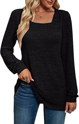 PANOZON Damen Eckiger Ausschnitt Langarmshirt Einfarbig Loose Top Basic Shirt Tunika Oberteile(Aschwarz225,2XL) von PANOZON