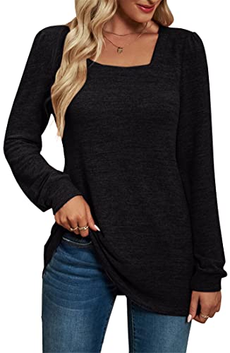 PANOZON Damen Eckiger Ausschnitt Langarmshirt Einfarbig Loose Top Basic Shirt Tunika Oberteile(Aschwarz225,S) von PANOZON