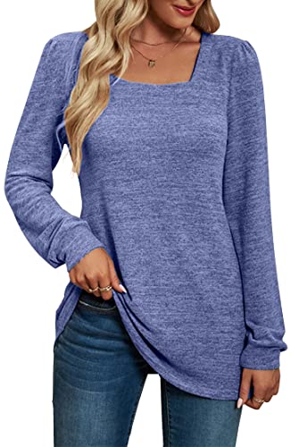 PANOZON Damen Eckiger Ausschnitt Langarmshirt Einfarbig Loose Top Basic Shirt Tunika Oberteile(Blau1,M) von PANOZON