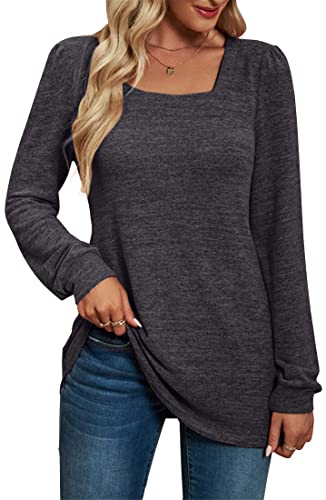 PANOZON Damen Eckiger Ausschnitt Langarmshirt Einfarbig Loose Top Basic Shirt Tunika Oberteile(Grau225,2XL) von PANOZON