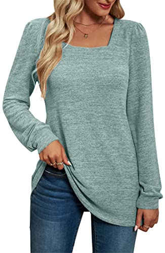 PANOZON Damen Eckiger Ausschnitt Langarmshirt Einfarbig Loose Top Basic Shirt Tunika Oberteile(Grün,M) von PANOZON