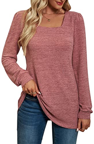 PANOZON Damen Eckiger Ausschnitt Langarmshirt Einfarbig Loose Top Basic Shirt Tunika Oberteile(Rosa225,XL) von PANOZON