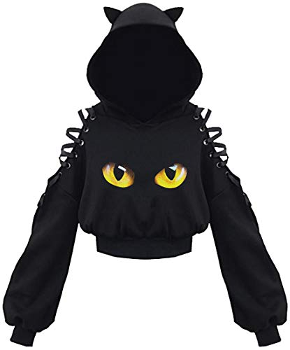 PANOZON Damen Hoodie Bauchfrei Pullover mit Katzenohren Hollow Out Gothic Sweatshirt Katze1 2XL von PANOZON