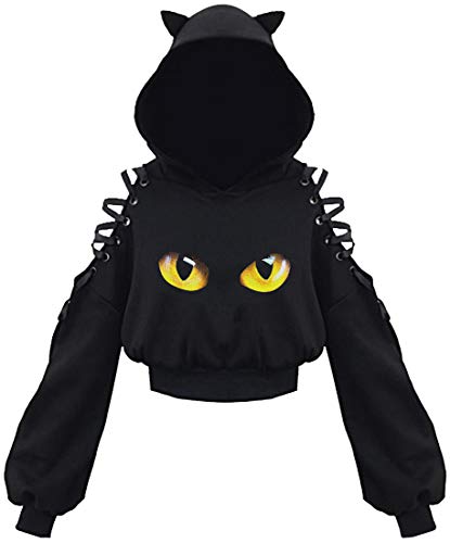 PANOZON Damen Hoodie Bauchfrei Pullover mit Katzenohren Hollow Out Gothic Sweatshirt Katze1 L von PANOZON