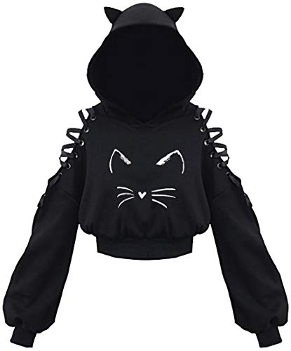 PANOZON Damen Hoodie Bauchfrei Pullover mit Katzenohren Hollow Out Gothic Sweatshirt Katze2 XL von PANOZON