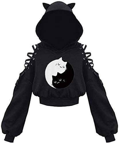 PANOZON Damen Hoodie Bauchfrei Pullover mit Katzenohren Hollow Out Gothic Sweatshirt Katze5 M von PANOZON