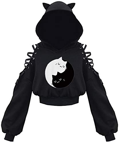 PANOZON Damen Hoodie Bauchfrei Pullover mit Katzenohren Hollow Out Gothic Sweatshirt Katze5 S von PANOZON