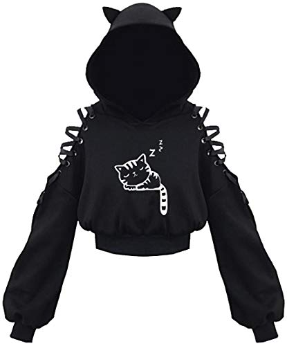 PANOZON Damen Hoodie Bauchfrei Pullover mit Katzenohren Hollow Out Gothic Sweatshirt Katze6 L von PANOZON