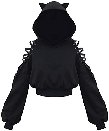 PANOZON Damen Hoodie Bauchfrei Pullover mit Katzenohren Hollow Out Gothic Sweatshirt Schwarz 3XL von PANOZON