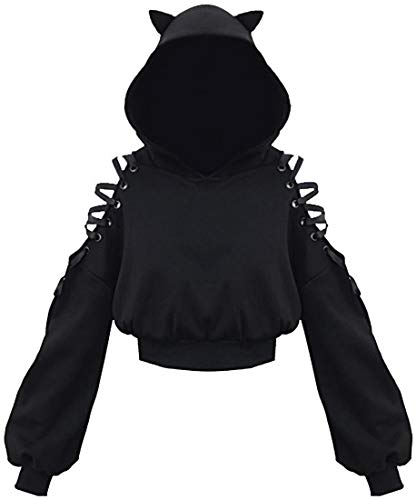 PANOZON Damen Hoodie Bauchfrei Pullover mit Katzenohren Hollow Out Gothic Sweatshirt Schwarz S von PANOZON