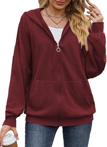PANOZON Damen Hoodie Sweatjacke Kapuzenpullover Langarm Sweatshirt Kapuzenjacke Cropped Jacke mit Reißverschluss Rot L von PANOZON