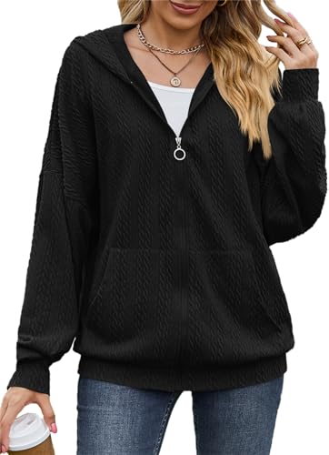 PANOZON Damen Hoodie Sweatjacke Kapuzenpullover Langarm Sweatshirt Kapuzenjacke Cropped Jacke mit Reißverschluss Schwarz XL von PANOZON