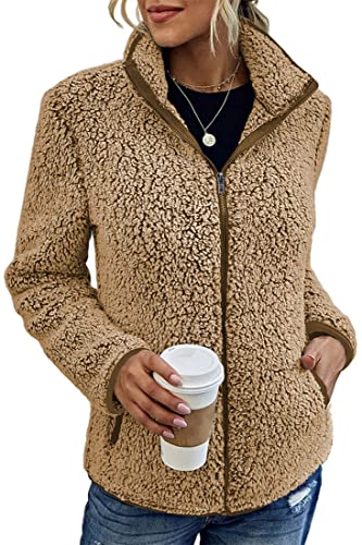 PANOZON Damen Kapuzenpullover Sweatshirt Strickjacke mit Taschen Damenmantel Lamm-Imitat Jacke Langarm Wintermantel Warm Hoodie(Khaki,L) von PANOZON