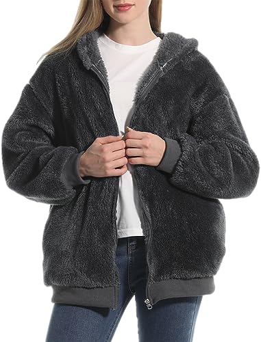 PANOZON Damen Kapuzenpullover Sweatshirt mit Kapuze Strickjacke mit Taschen Langarm Wintermantel Warm Plüschjacke Hoodie(Dunkelgrau,L) von PANOZON