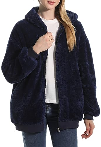 PANOZON Damen Kapuzenpullover Sweatshirt mit Kapuze Strickjacke mit Taschen Langarm Wintermantel Warm Plüschjacke Hoodie(Marineblau,L) von PANOZON