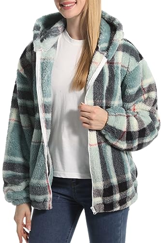 PANOZON Damen Kapuzenpullover Sweatshirt mit Kapuze Strickjacke mit Taschen Langarm Wintermantel Warm Plüschjacke Mode-Muster Hoodie(Grün kariert,L) von PANOZON