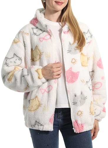 PANOZON Damen Kapuzenpullover Sweatshirt mit Kapuze Strickjacke mit Taschen Langarm Wintermantel Warm Plüschjacke Mode-Muster Hoodie(Katzen,XL) von PANOZON