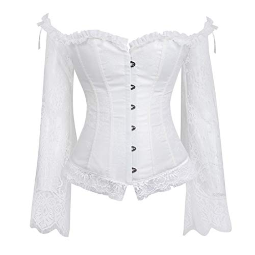 PANOZON Damen Korsett Vollbrust Bustier Shoulder Corset Retro Dirndl Bluse Bügel Spitze Dessous(Weiss-P,2XL) von PANOZON