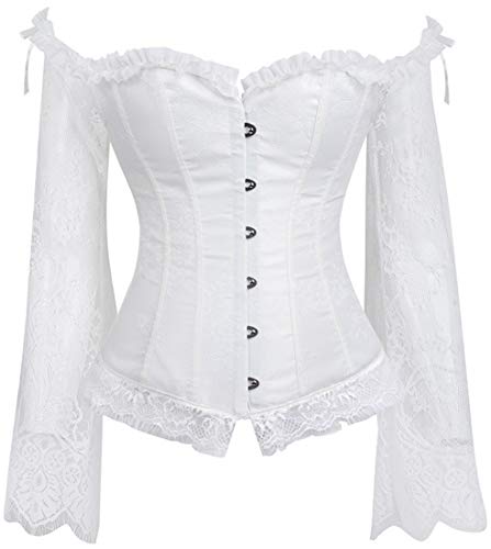 PANOZON Damen Korsett Vollbrust Bustier Top Off Shoulder Corset Retro Dirndl Bluse Bügel Spitze Dessous(Weiss-P,M) von PANOZON