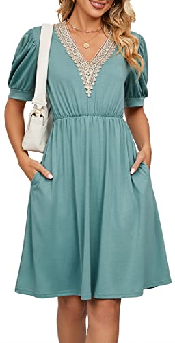 PANOZON Damen Kurzarm Strandkleid Spitze V Ausschnitt Kleider A-Linie Cocktailkleid mit Reißverschluss Grün 2XL von PANOZON