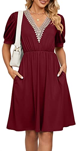 PANOZON Damen Kurzarm Strandkleid Spitze V Ausschnitt Kleider A-Linie Cocktailkleid mit Reißverschluss Rot L von PANOZON