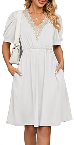 PANOZON Damen Kurzarm Strandkleid Spitze V Ausschnitt Kleider A-Linie Cocktailkleid mit Reißverschluss Weiss 2XL von PANOZON