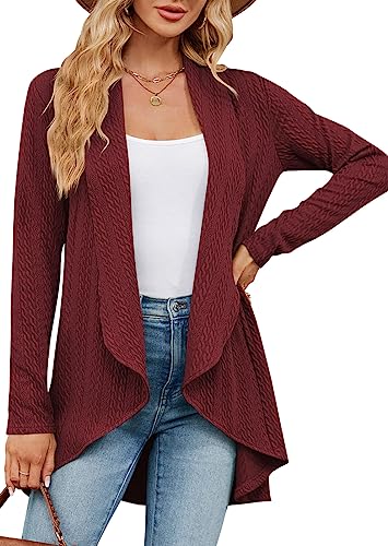 PANOZON Damen Langarm Offene Strickjacke Lang Strickmantel Casual High Stretchy Cardigan Mantel(Weinrot,2XL) von PANOZON