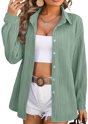 PANOZON Damen Bluse V-Ausschnitt Hemden Wellenstreifen Langarmshirt mit Knöpfen Elegant Hemd Lässig Oberteile Hemdjacke(Grün,L) von PANOZON