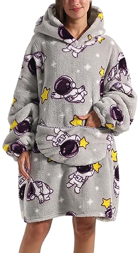 PANOZON Damen Oversize Hoodie Warm und gepolstert Plüsch Heimkleidung Robe Decke Sweatshirt mit Kapuze Warme Sherpa Pulli Übergroße Pullover Astronaut von PANOZON