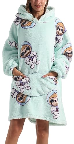 PANOZON Damen Oversize Hoodie Warm und gepolstert Plüsch Heimkleidung Robe Decke Sweatshirt mit Kapuze Warme Sherpa Pulli Übergroße Pullover Grün Faultier von PANOZON