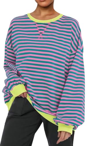 PANOZON Damen Oversized Sweatshirt Gestreift Color Block Rundhals Langärmelig Lässig Lose Pullover Y2K Casual Oberteile Tops(Rosa,XL) von PANOZON