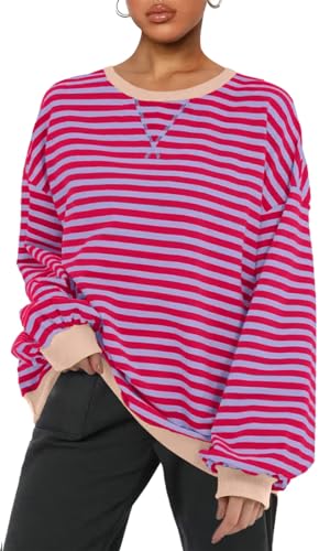 PANOZON Damen Oversized Sweatshirt Gestreifter Color Block Rundhals Langärmelig Lässig Lose Pullover Y2K Casual Shirt Top(1Rosaviolett,L) von PANOZON