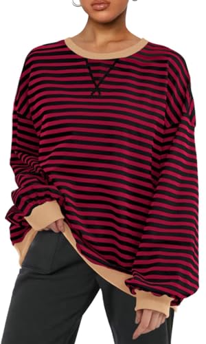 PANOZON Damen Oversized Sweatshirt Gestreift Color Block Rundhals Langärmelig Lässig Lose Pullover Y2K Casual Oberteile Tops(Rotwein,S) von PANOZON