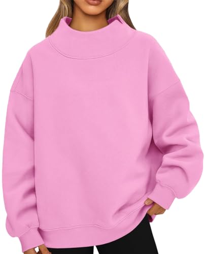 PANOZON Damen Pullover Oversize Sweatshirt Langarm Fleece Rundhalsausschnitt Herbst Winter Frauen Mädchen Klamotten Locker Oberteile(Rosa,L) von PANOZON